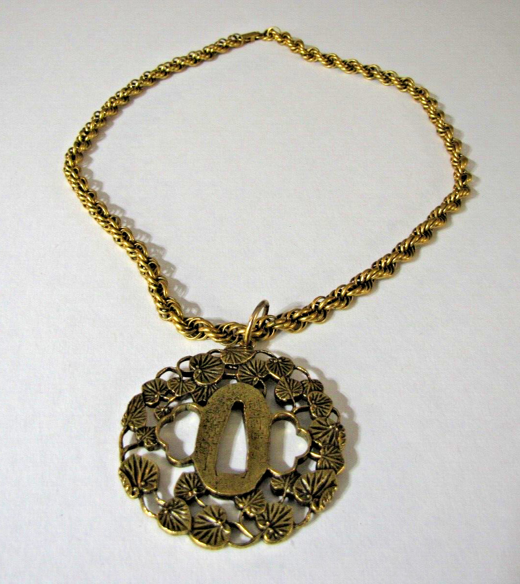 Vintage Alva Museum Replica Hollyhock Tsuba Pendant 30″ Rope Chain Signed Huge