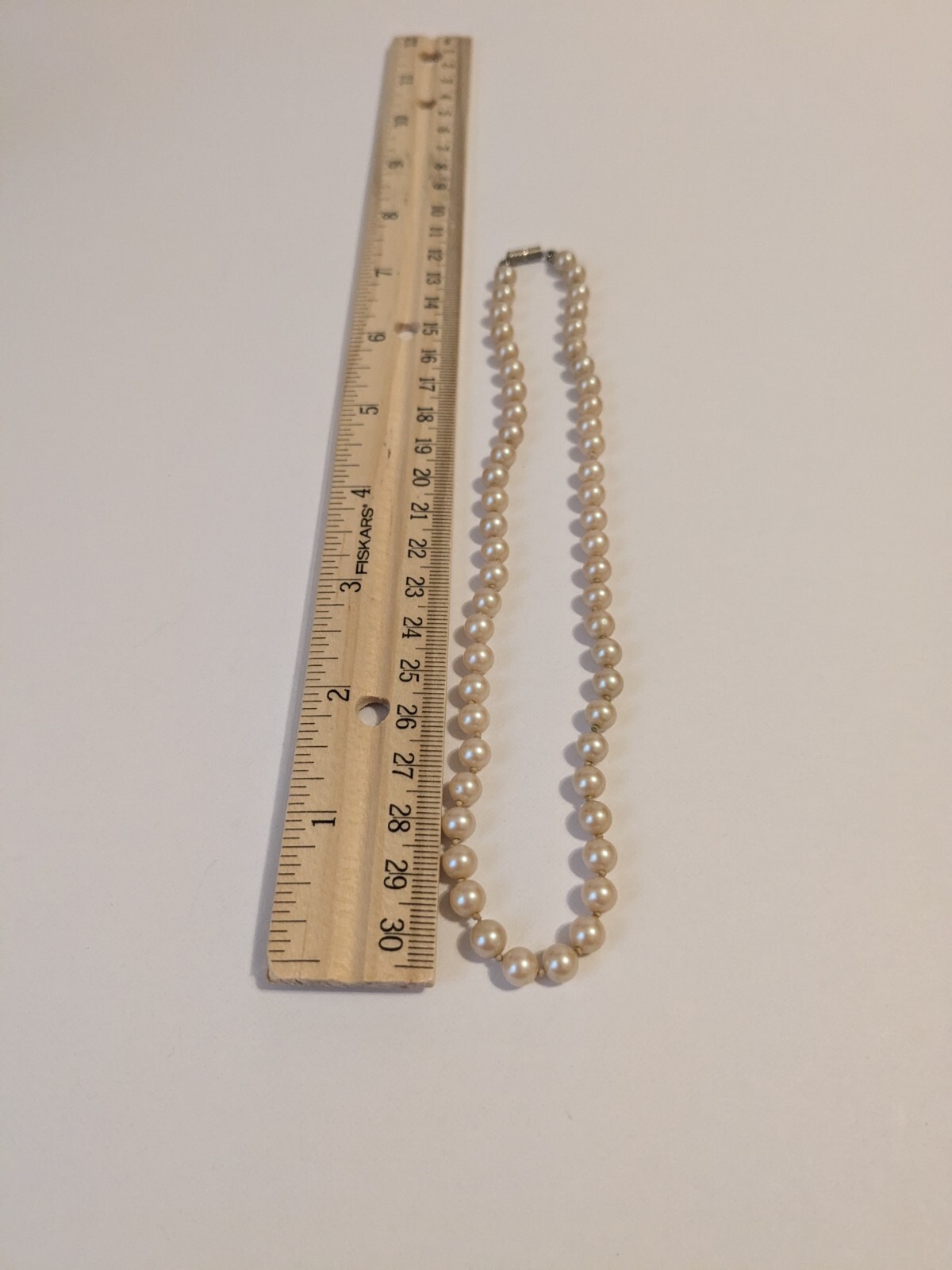 Faux Pearl Vintage Hand Knotted Necklace. Champagne. Barrel Closure 15″.