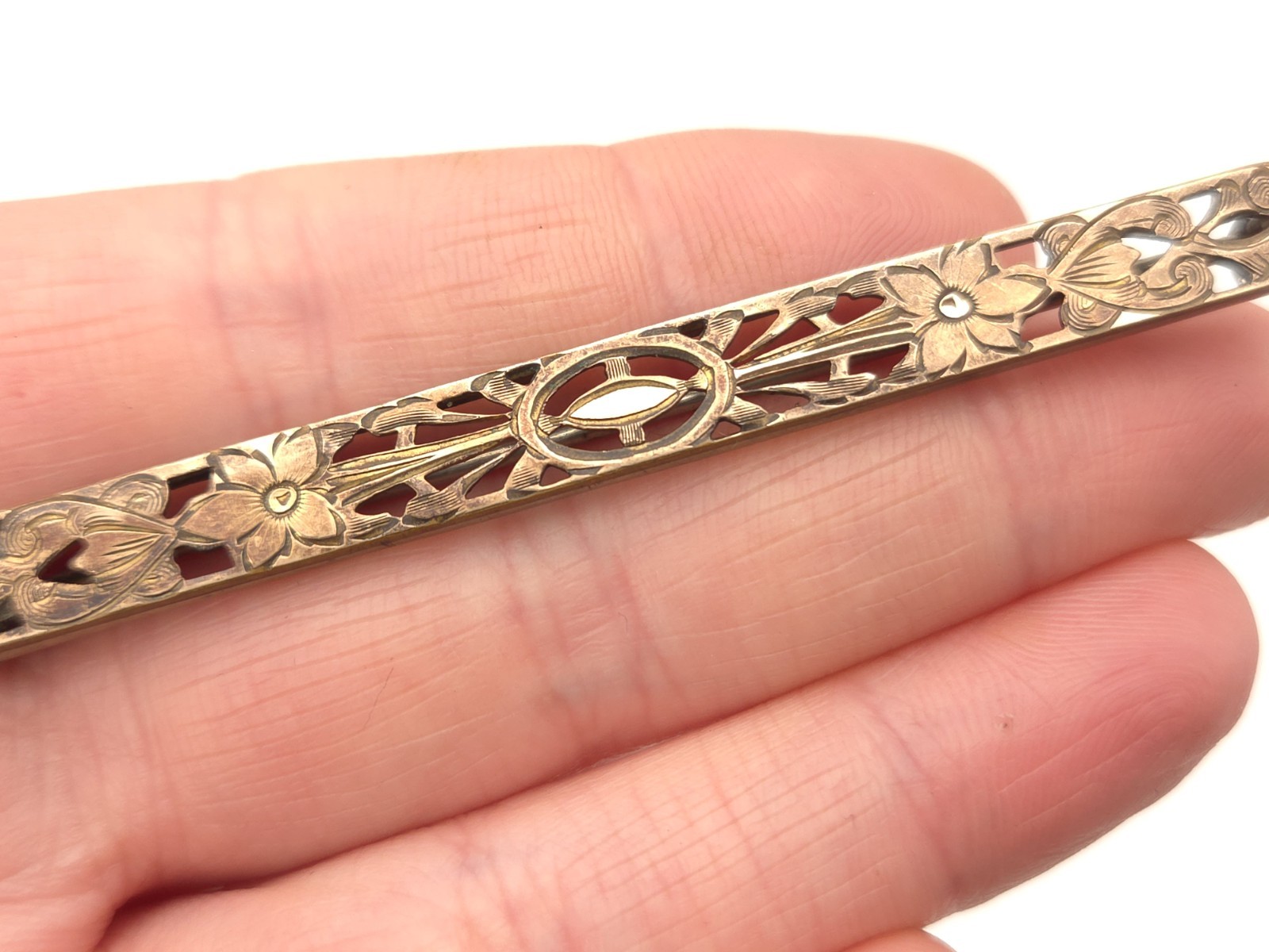 Antique Victorian Gold Filled Signed AP Floral Filigree Large Bar Pin Brooch