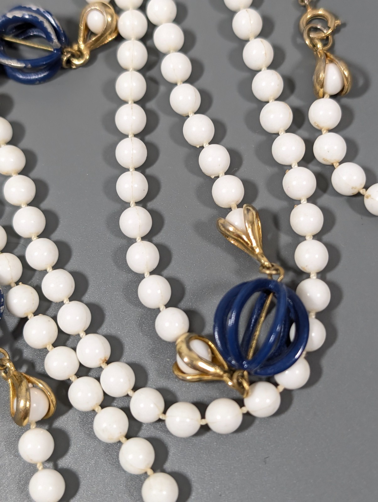 Vintage White Beaded Very Long Necklace Blue Accent Layering 54 in Opera