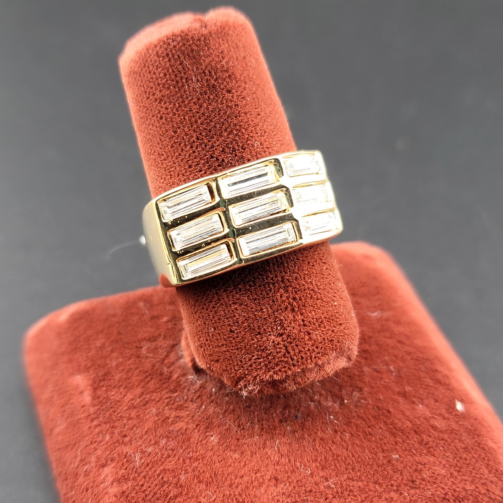 Vtg Sz 5 Ring Band Unsigned ESPO Rhinestones Baguettes 14KTGE Fashion Jewelry
