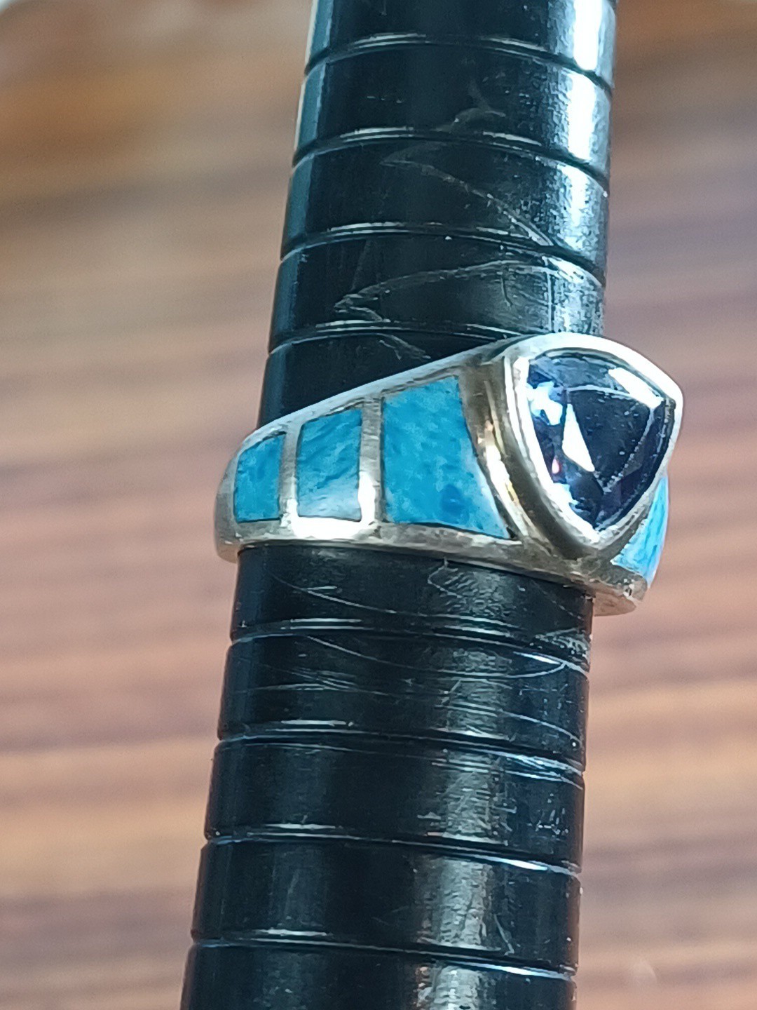 Vintage Sterling Silver Ring Blue Topaz Trillion Cut Stone Turquoise Accents