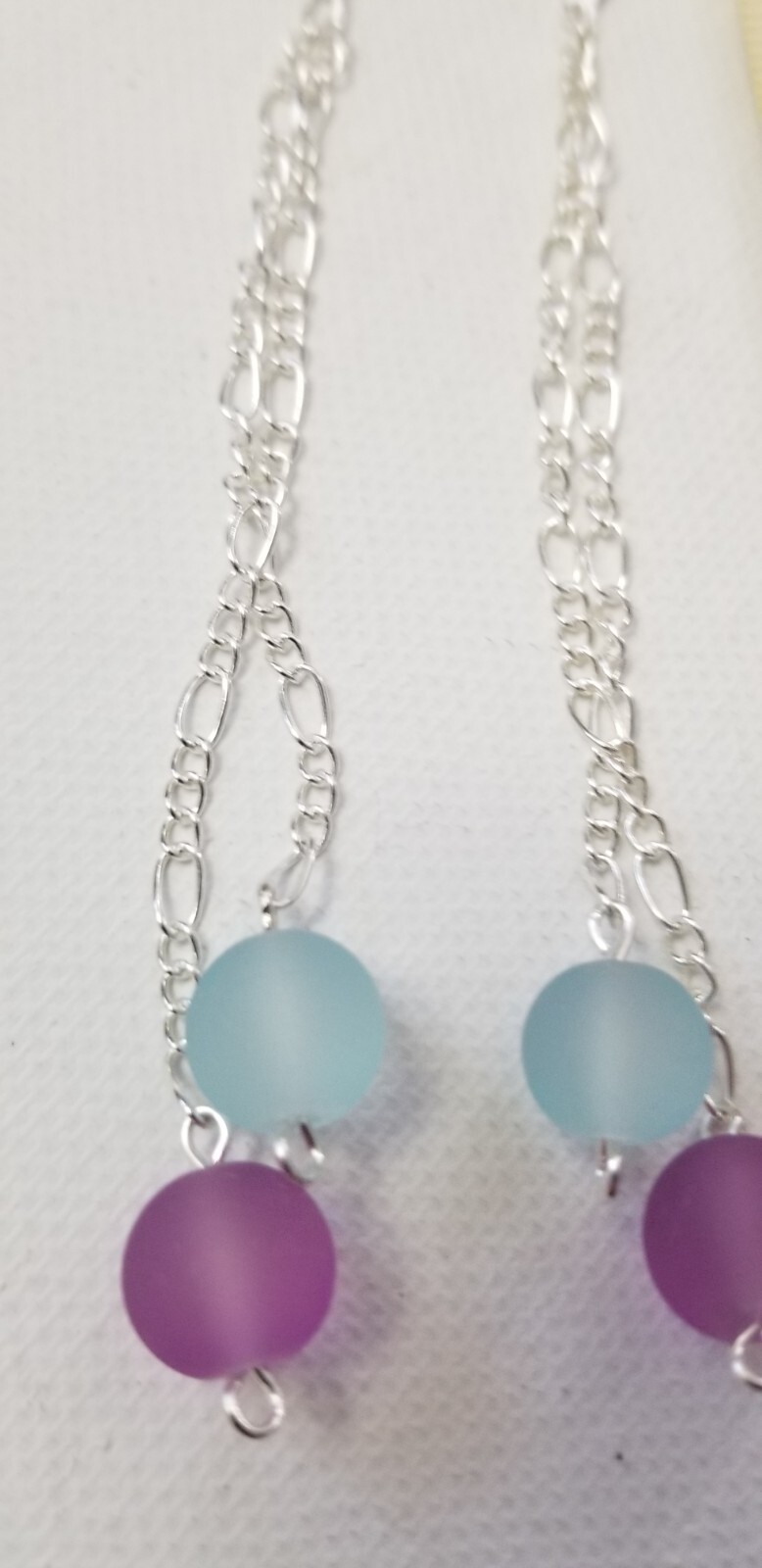 10mm Lt. Blue and Purple Seaglass 3+ in. leverback Double Dangle Drop Earrings
