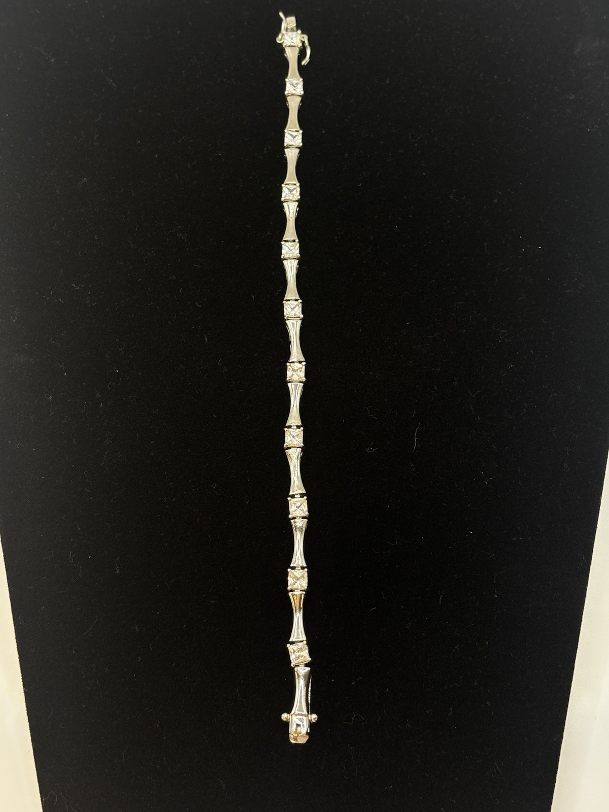 Vintage 925 Sterling Silver Princess Cut CZ Bamboo Link Tennis Bracelet 7″