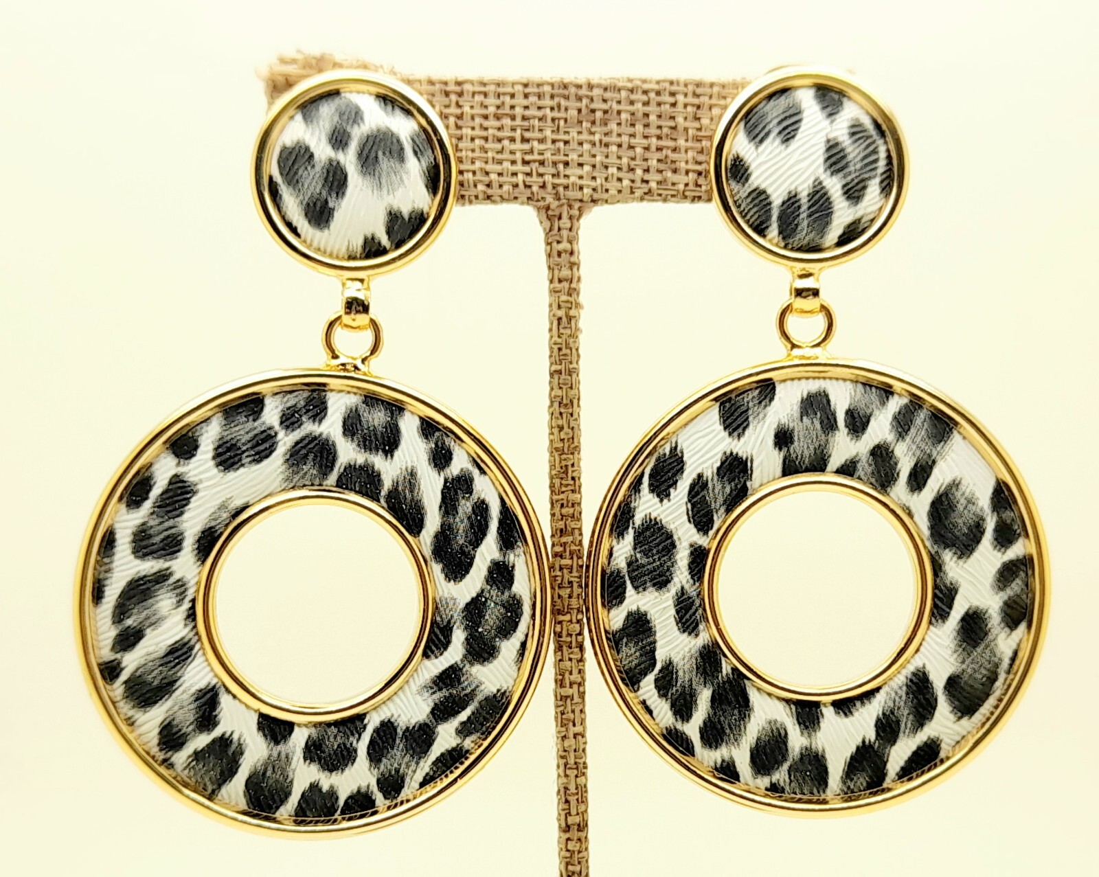 Vintage chunky Leather white & black Earrings Animal Print Leather Clip Earrings