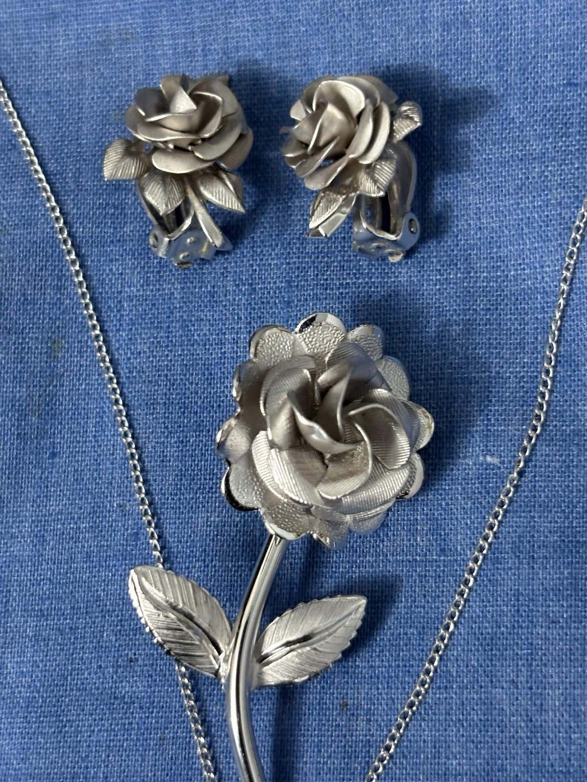 Vintage Sterling Silver AC Necklace Earring Brooch Set Flowers Dimi Parur Sign
