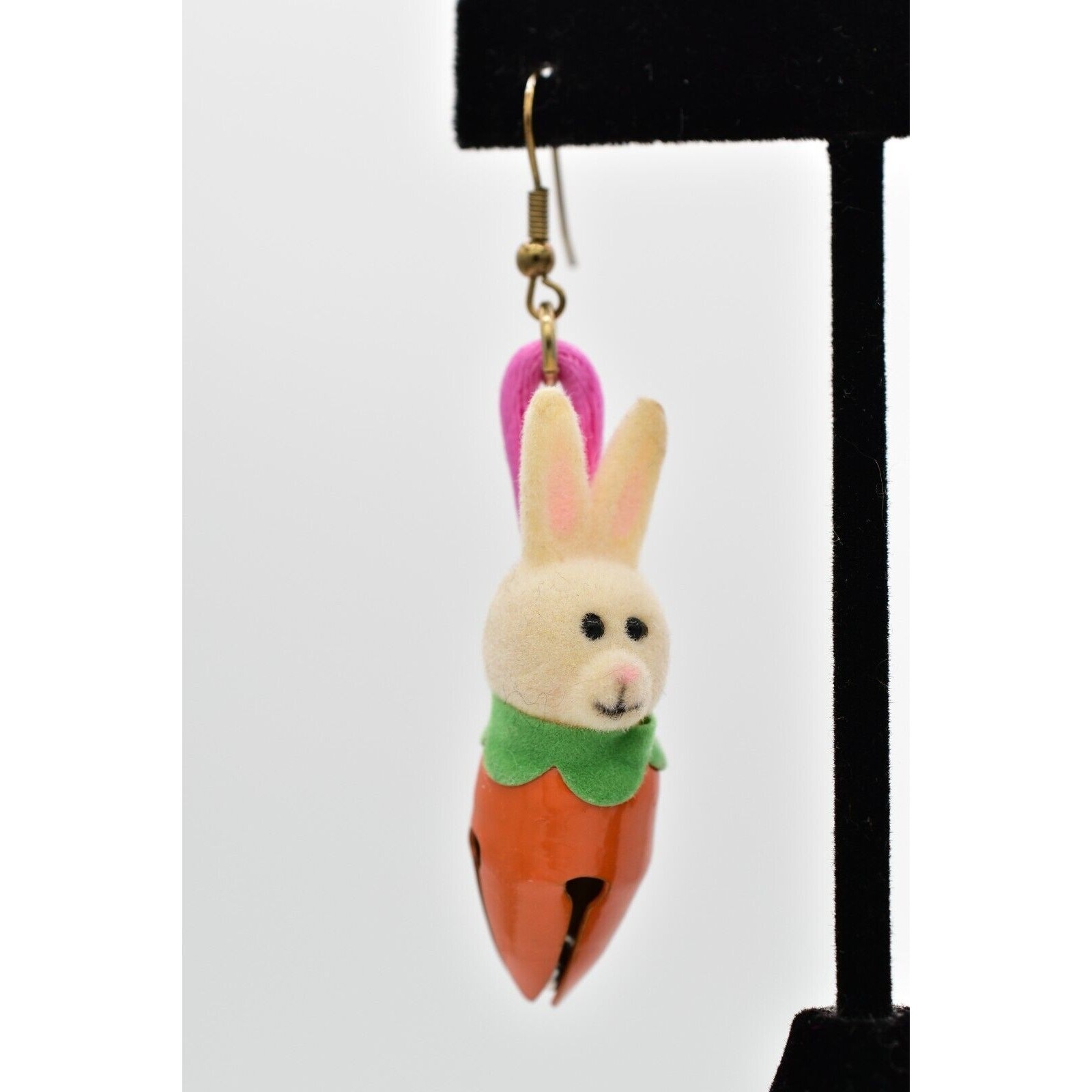 Vintage Easter Bunny Earrings White Velvet Rabbit Carrot Bell Dangle 1980s 9D