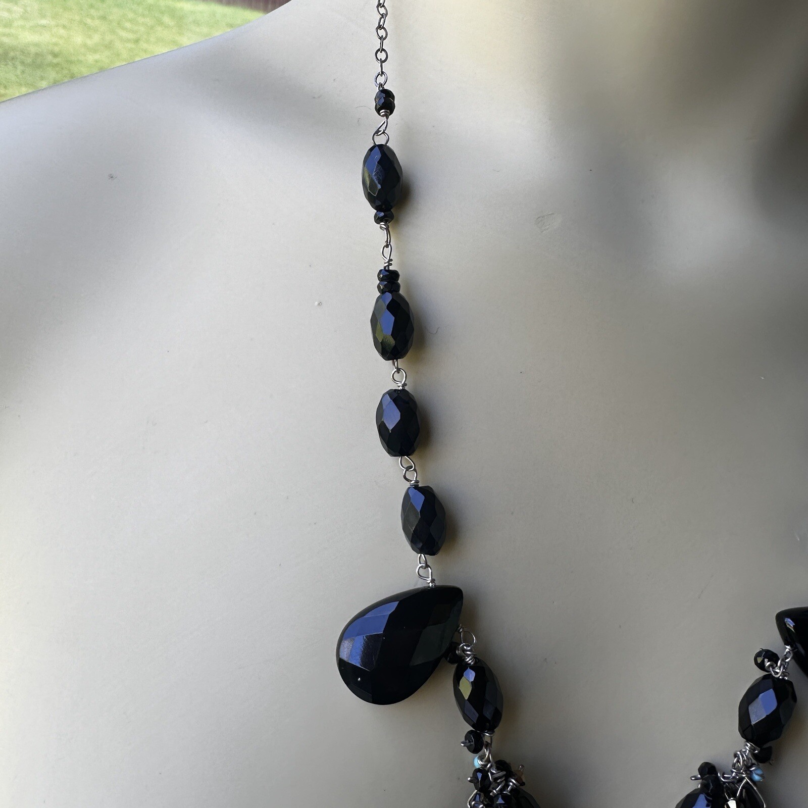 VTG Beaded Necklace 22 Inch Polished Glass Oval Black Faceted 925 Sterling