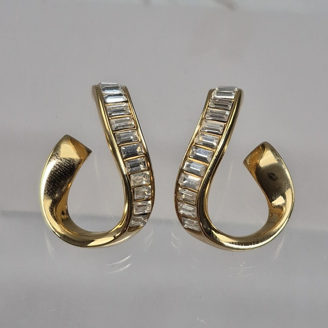 Vintage Swarovski Costume Yellow Gold Tone Crystal Bagguette Swoop Post Earrings