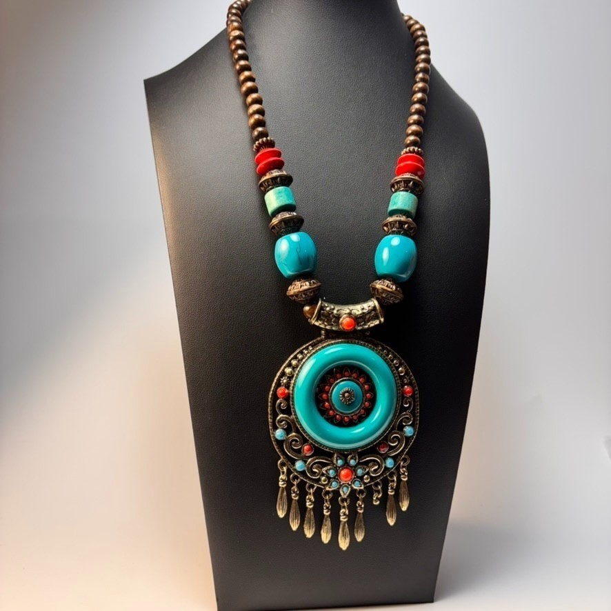 Chunky Vintage Necklace Wood Beads Boho Chunky Blue Resin Pendant