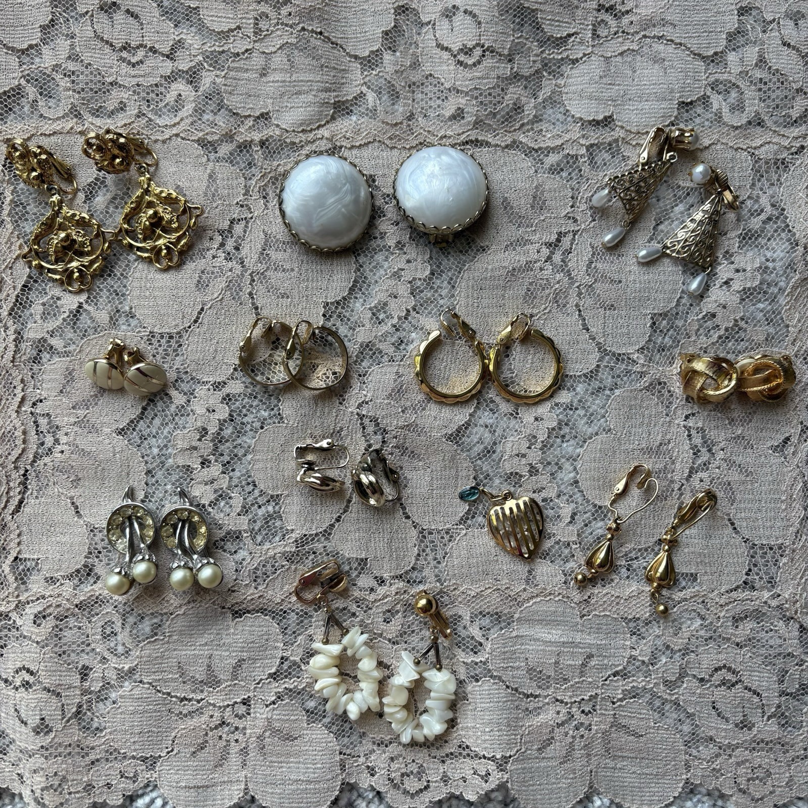 11 Clip Vintage Gold Tone Costume Earrings Statement Dangle | Drop | Hoop