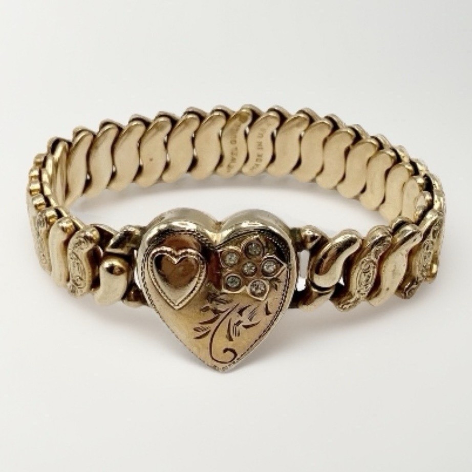 WWII Sweetheart Heart Expansion Bracelet Jewel Guild Gold Filled Rhinestone
