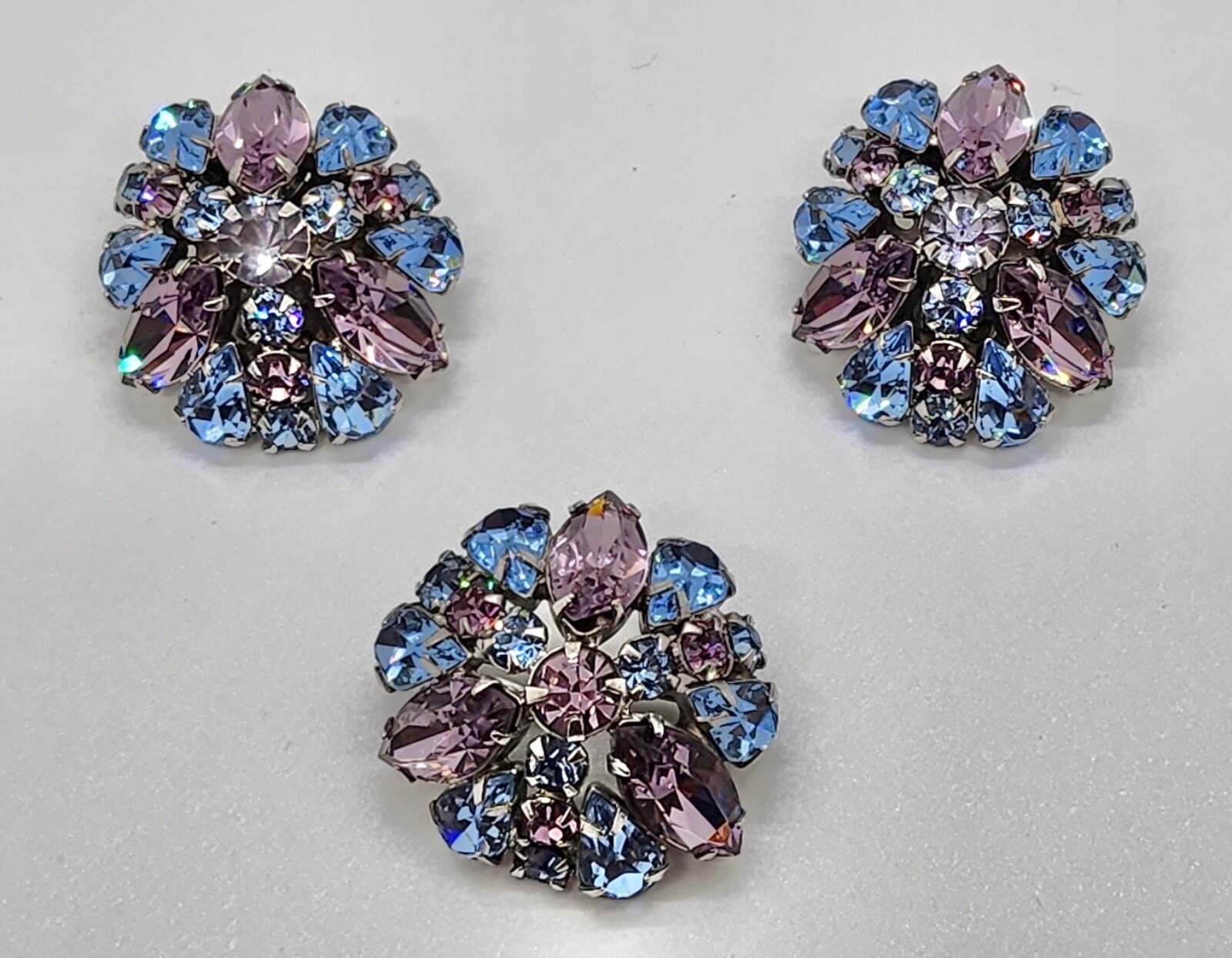 Alice Caviness blue and purple rhinestone earrings signed with brooch