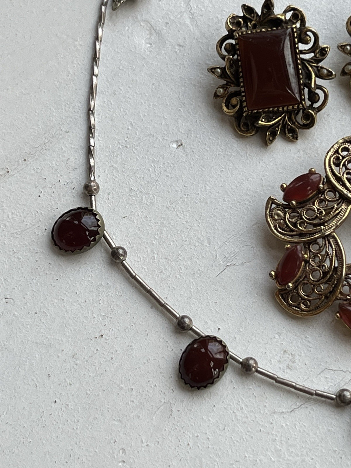 Vintage Carnelian Cabochon ART Clip On Earrings TACOA Brooch And Necklace Set