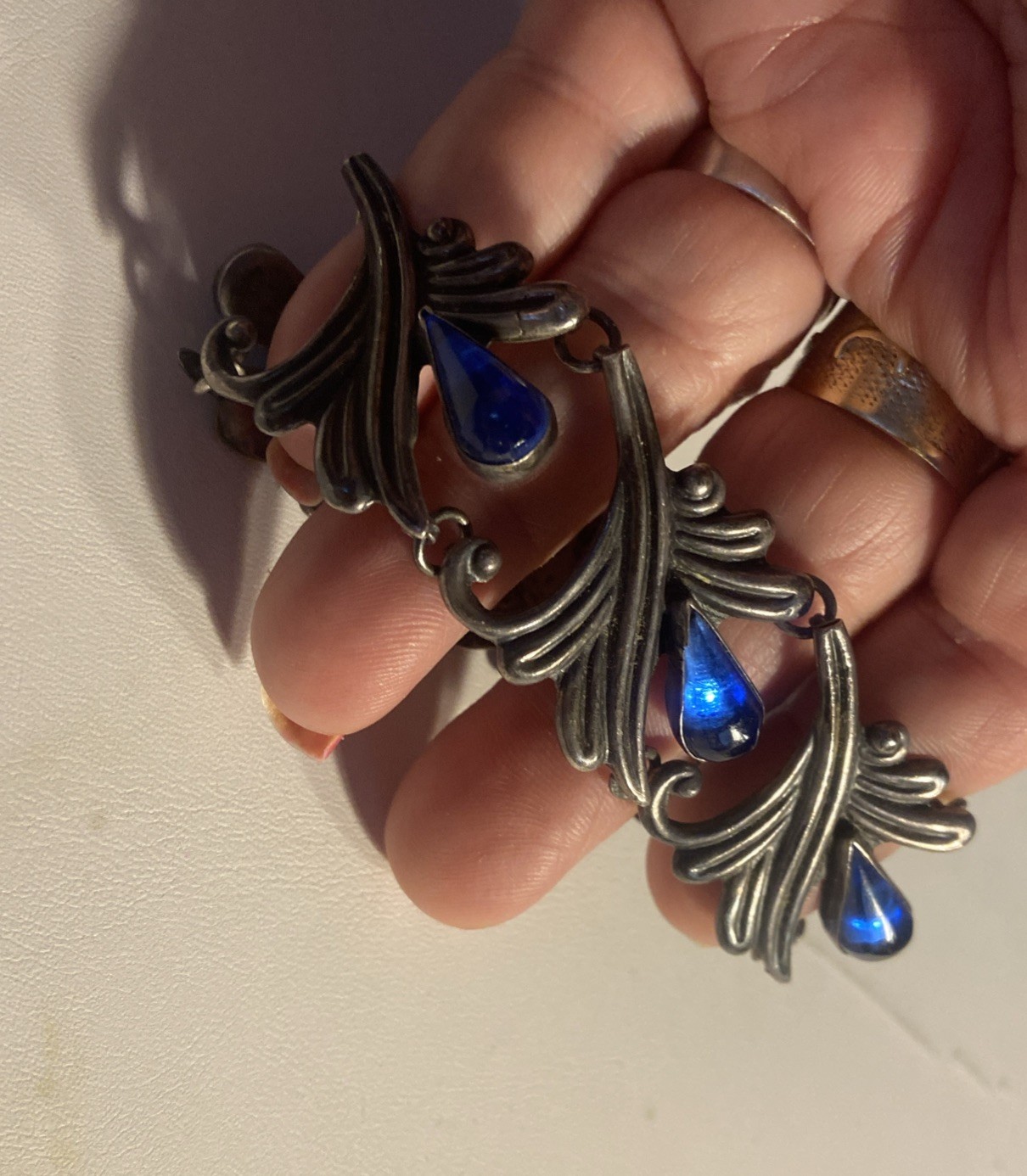 VTG Los Castillo Taxco Mexican Sterling Blue Cabochon Glass Floral Bracelet 7″