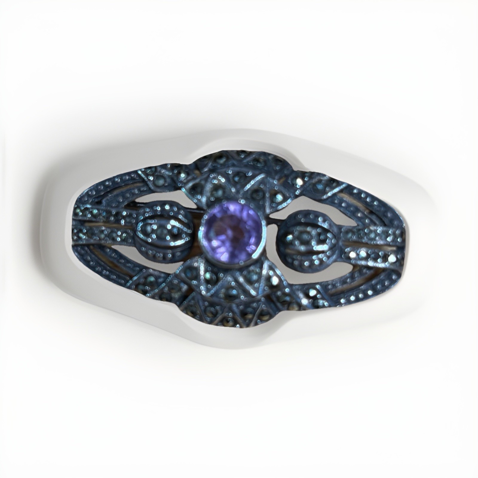 Rare Vintage Amethyst, Marcasite & Sterling Silver 925 Brooch