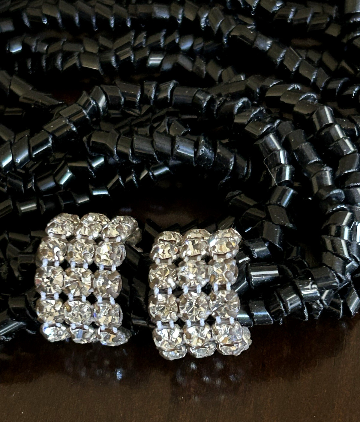 Vintage Black Glass Necklace Multi Five Strand Rhinestone Wrap Gantos Orig Tag