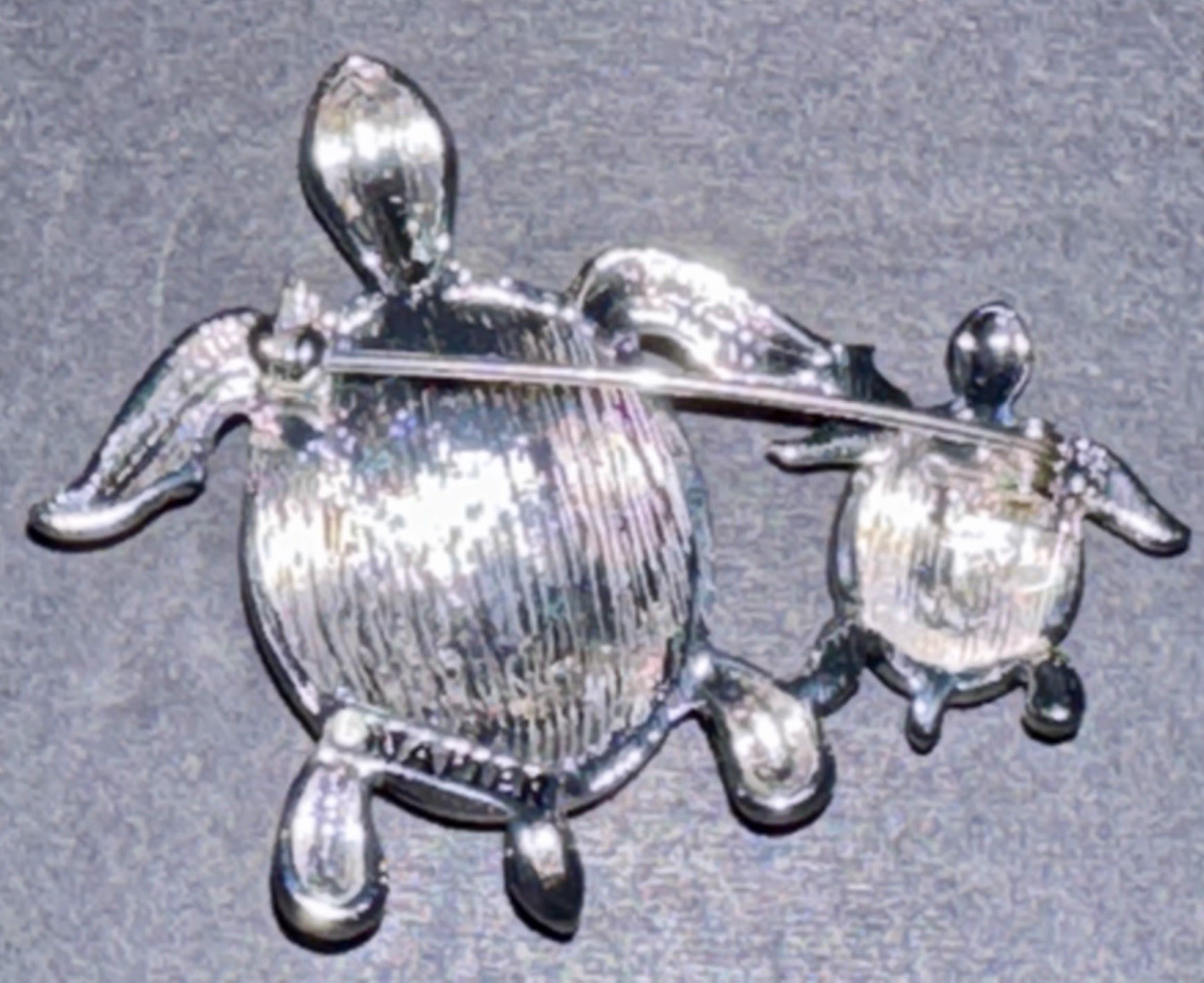 Vintage Napier Mom & Baby Turtle Pin Brooch Silver Tone Abalone Rhinestone Eyes
