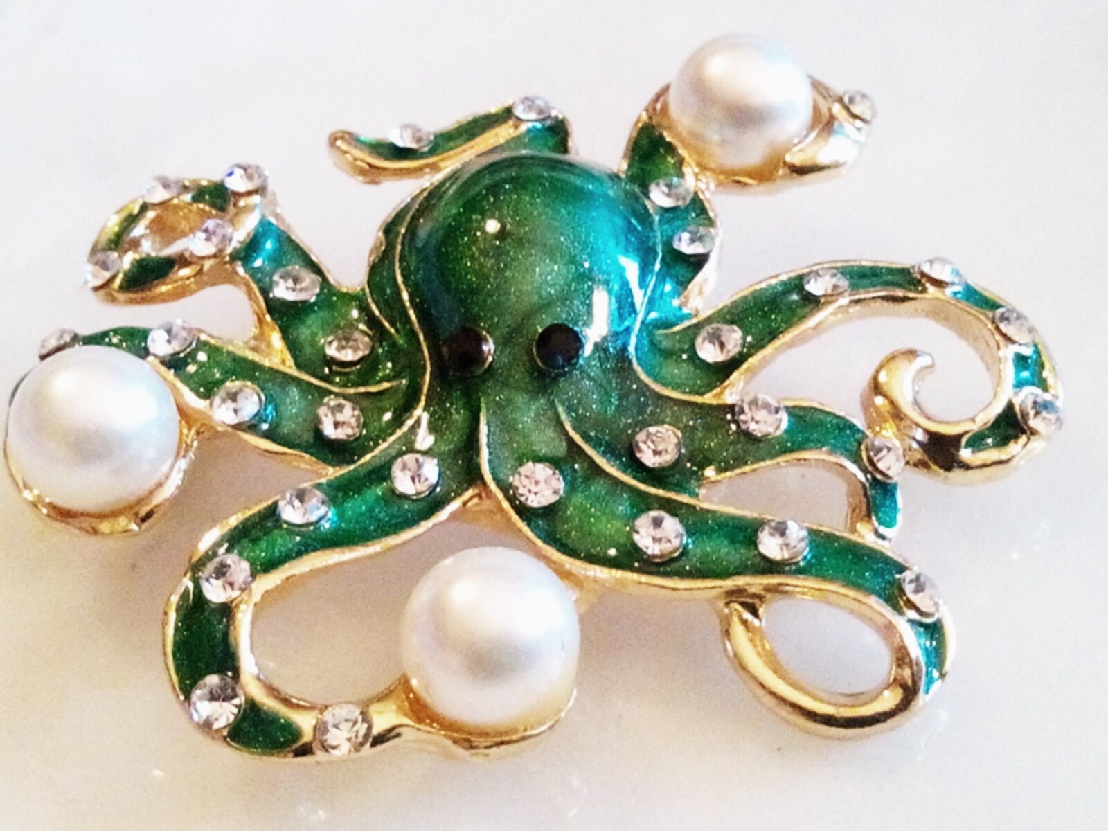 ENAMELED OCTOPUS BROOCH/PENDANT!Green Enameled, Clear Crystals, Imitation Pearls