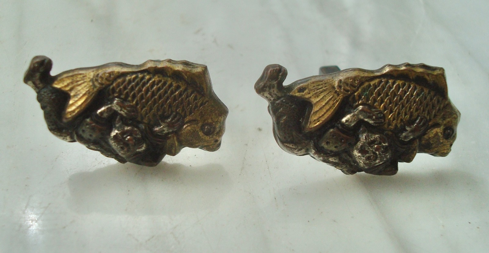 Vtg Menuki SHAKUDO Japanese Mixed Metal Sterling SILVER KOI Figural CUFFLINKS
