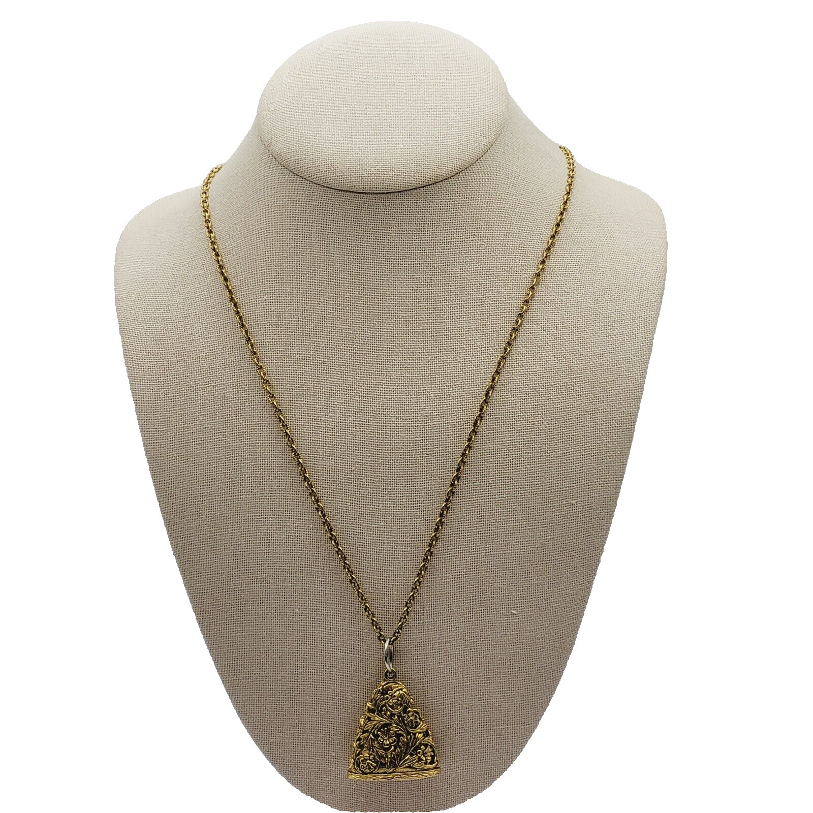 Renaissance Floral Triangle Filigree Pendant Necklace Gold Tone NO CLASP 24 Inch