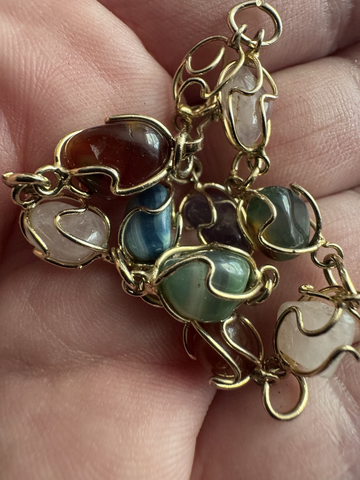 Vintage Multicolor Stone Link Bracelet Gold Tone Wire Wrapped Cabochon 6 Inch