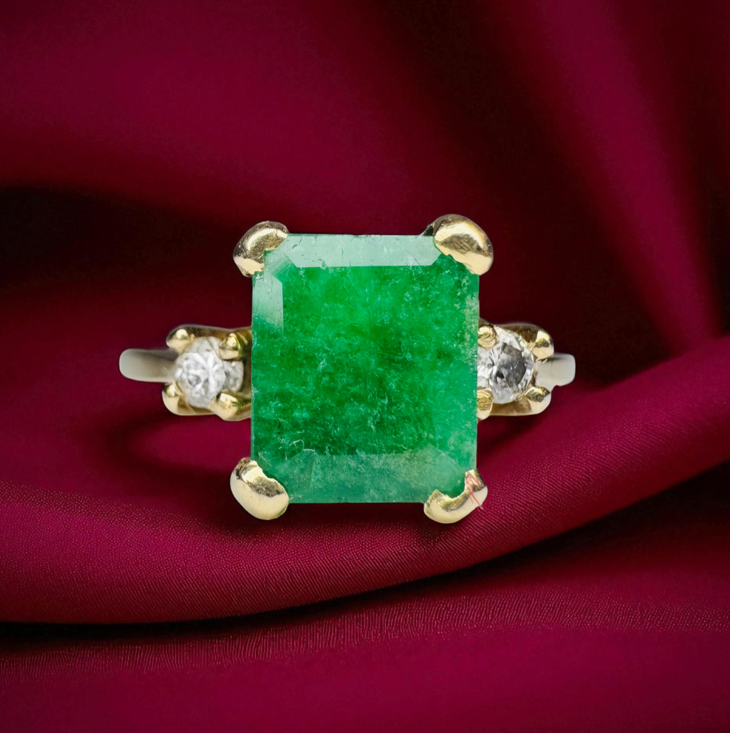 Natural Zambian Emerald & Diamond Ring 14K Gold Vintage 1.1CT Emerald Size 7