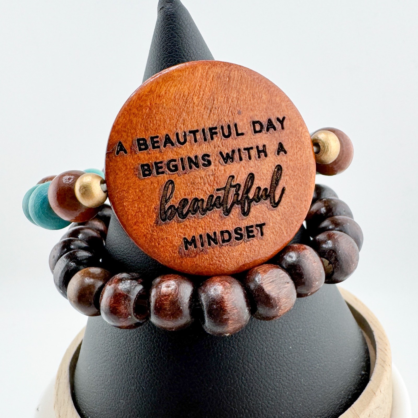 Wood Bead Bracelet 2 Set Stretch Stack Boho Quote “Beautiful Mindset” Earthy