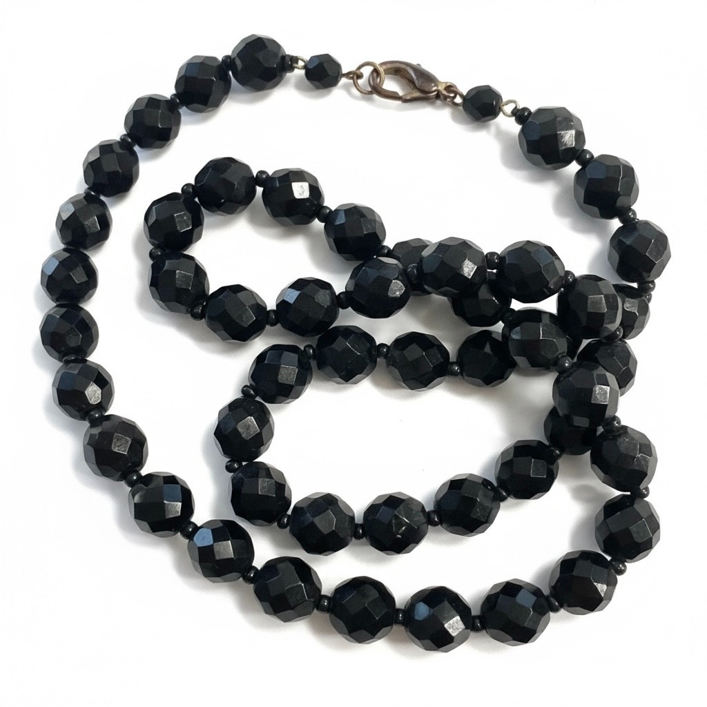 Vintage Black Faceted Glass French Jet Bead Mourning Necklace 25″ 64g
