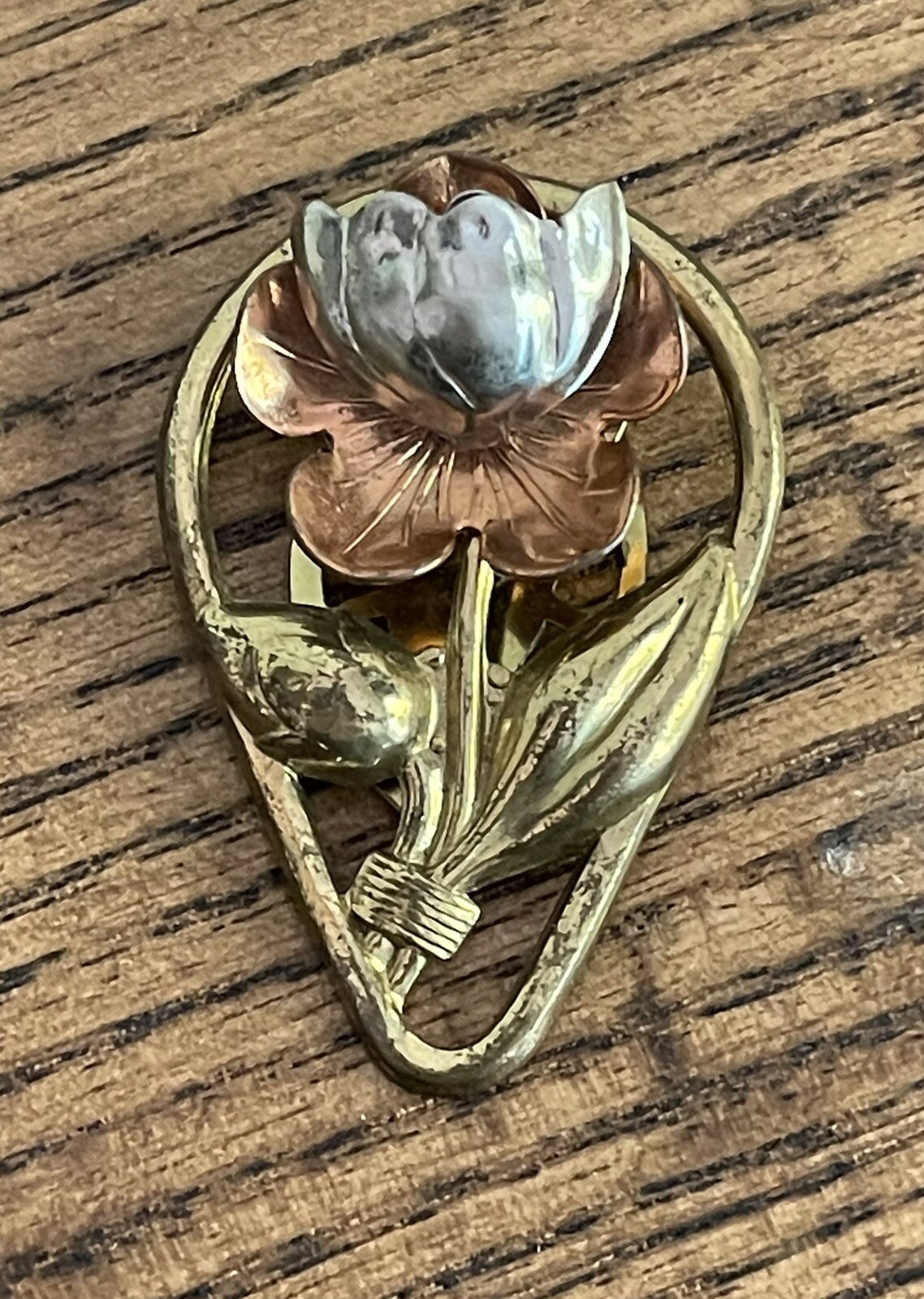 New England Glass Works-Art Deco Copper, Brass & Silver Fur or Dress Clip-Signed