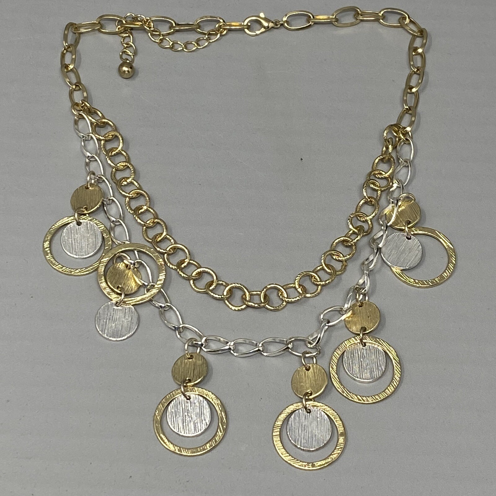 Fringe Disc Necklace Two Tone Gold Silver Layered Brushed Chain Collar Bib 18″