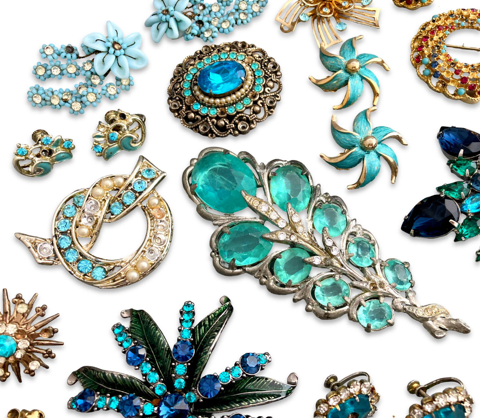 Vintage Blue Rhinestone Costume Jewelry Repair Lot, Brooch Earrings Bracelet Pin