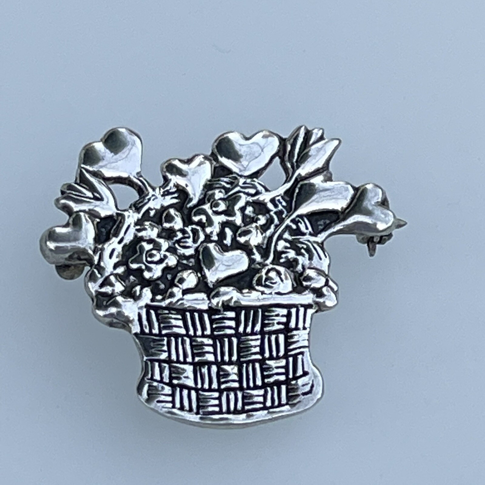 Mary Engelbreit Hearts Flowers Basket Brooch Signed ME 925 Sterling Silver Mex