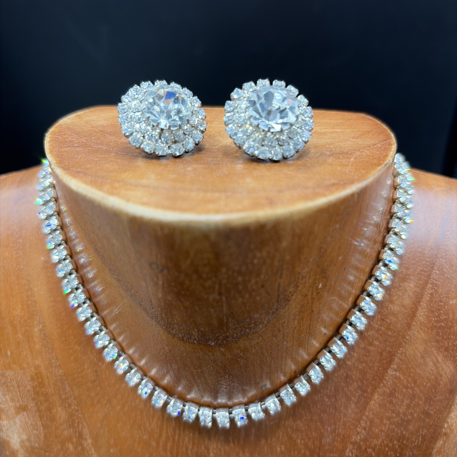 Vtg Estate AB Rhinestone Necklace & Earrings Jewelry Set Designer Quality Prong
