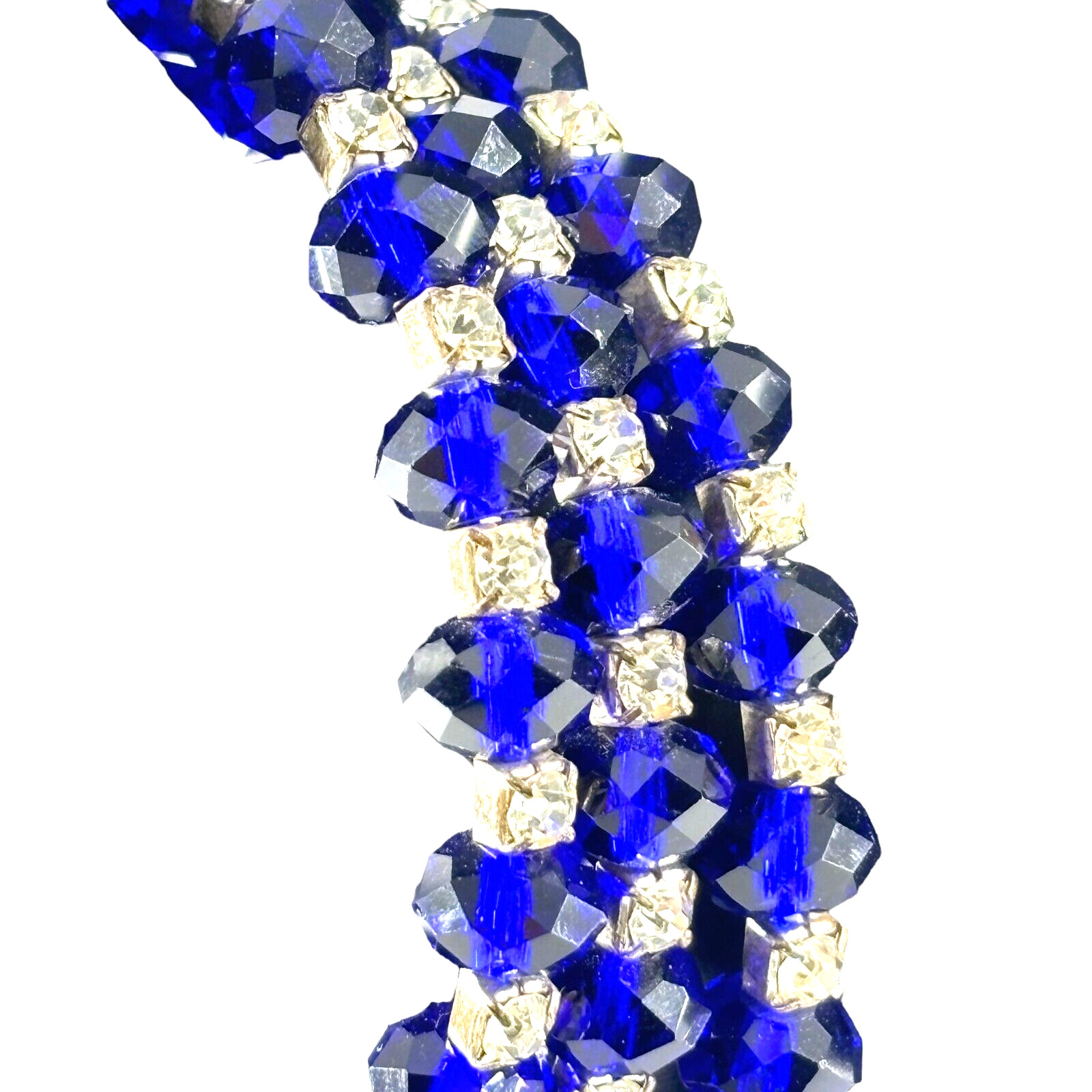 Vintage Multi Strand Crystal Bracelet Blue with Clear Rhinestone Stretch Wrap