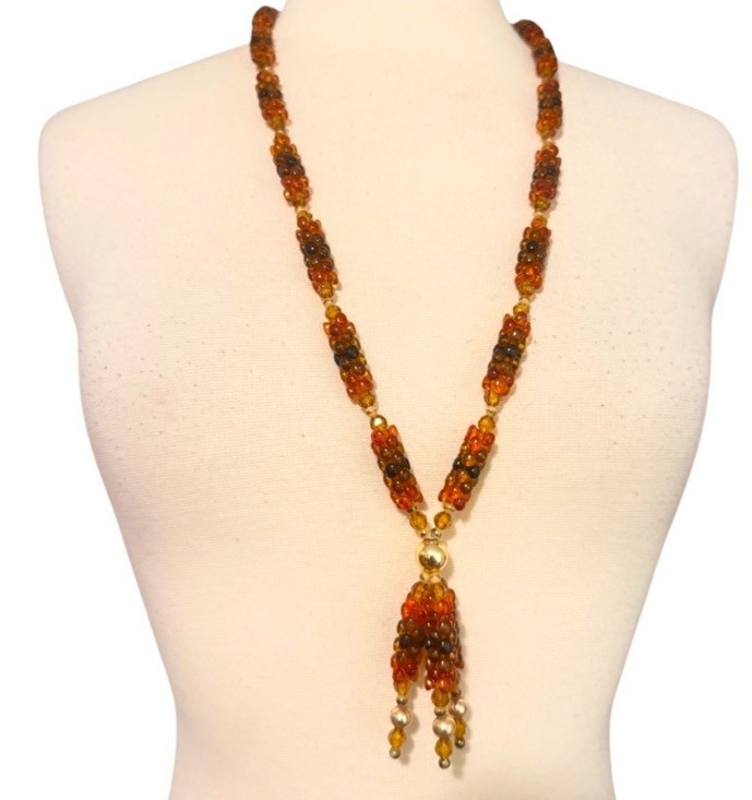1970’s Vintage Boho Beaded Necklace with Tassles, Earthtones