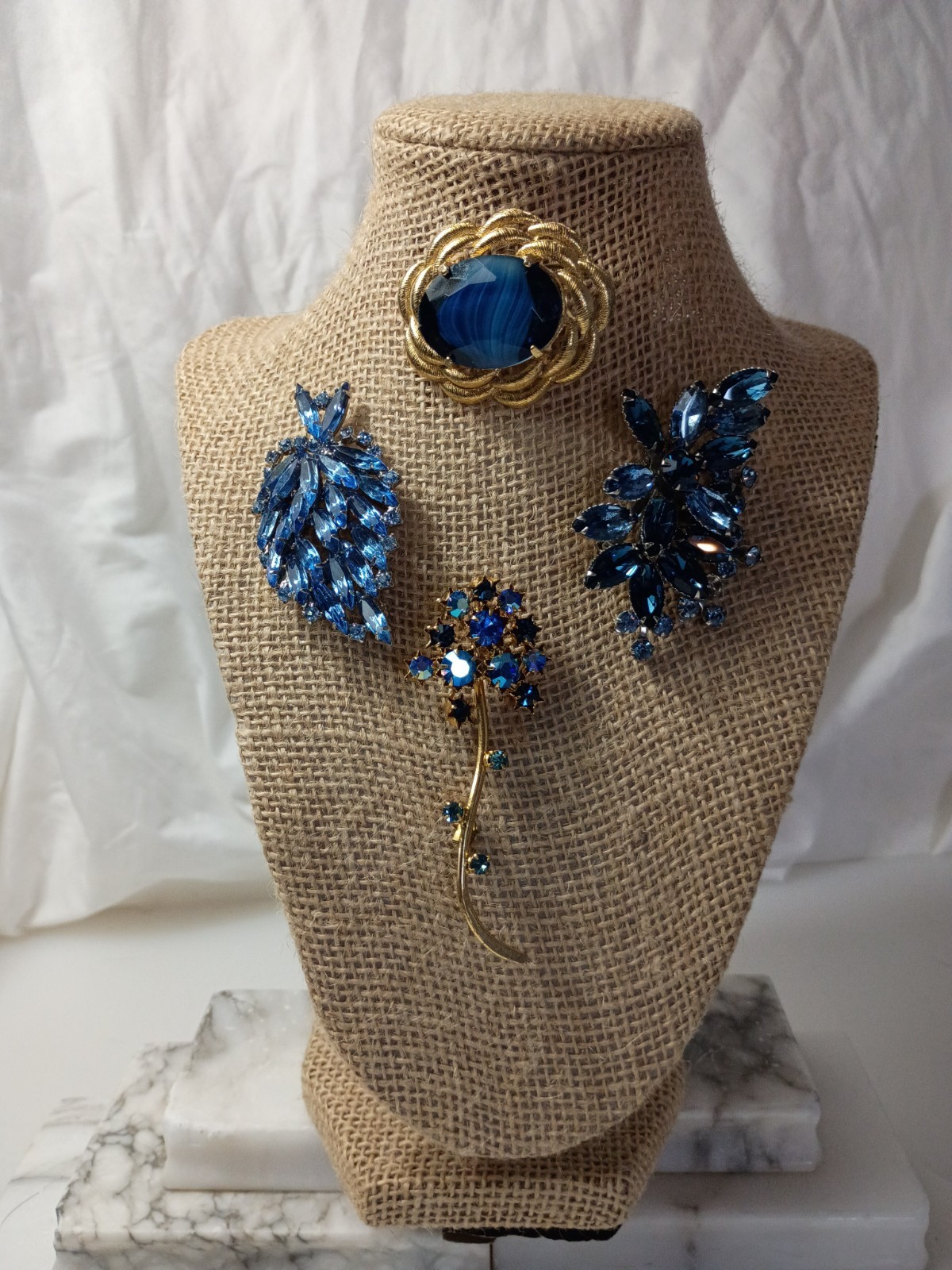 Rhinestone Costume Vintage Jewelry Lot, 4 Piece, Blue, Silver Tones, Gold Tones
