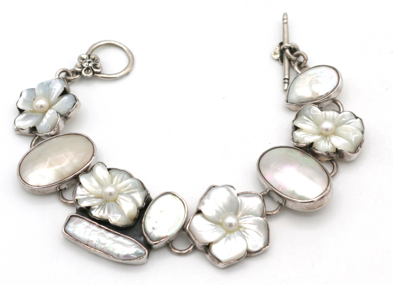 AKR Amy Kahn Russell Sterling Silver 925 Carved MOP Flowers Bracelet 7.5”