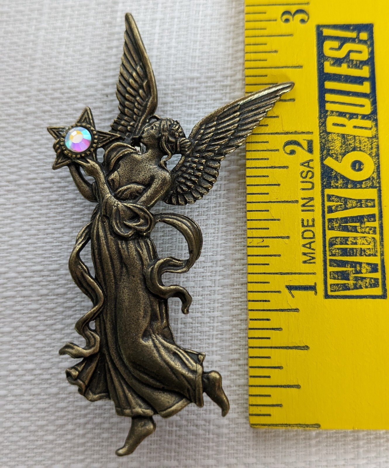 Vintage Angel Carrying Star Pin Brooch Gold Tone with 1 Glass Rhinestone 3.3 In