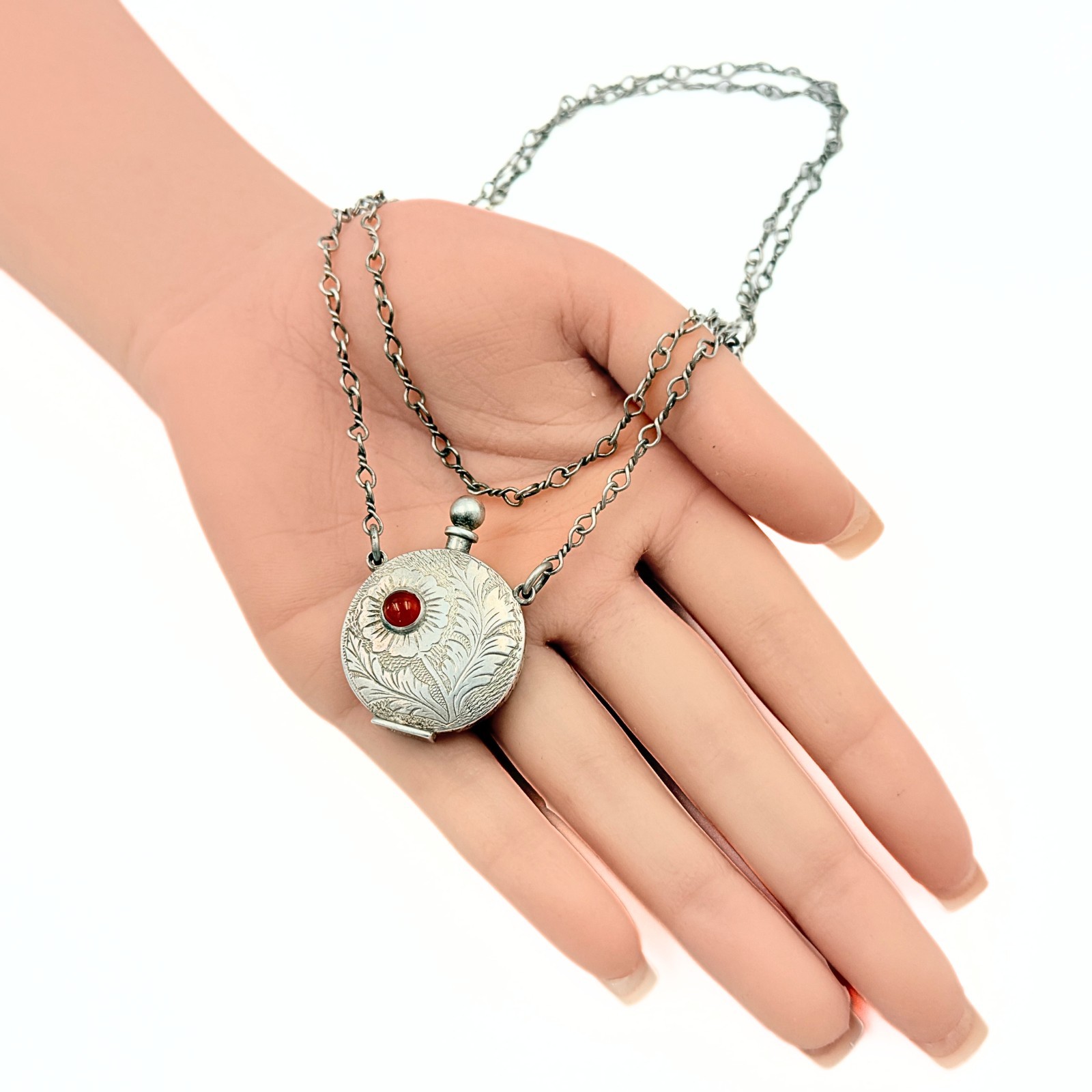 Middle Eastern Figaro Chain Sterling Silver Perfume Bottle Coral Necklace