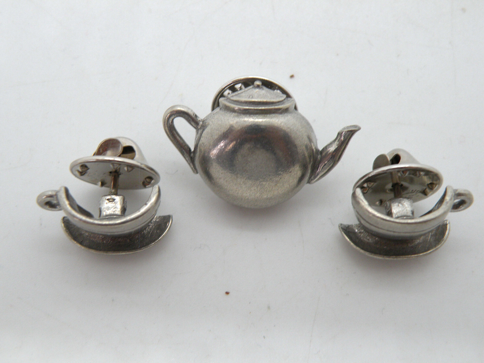 3X Rare Vintage Jim Clift Signed Teatime Teapot Teacups Pewter Pin Brooch