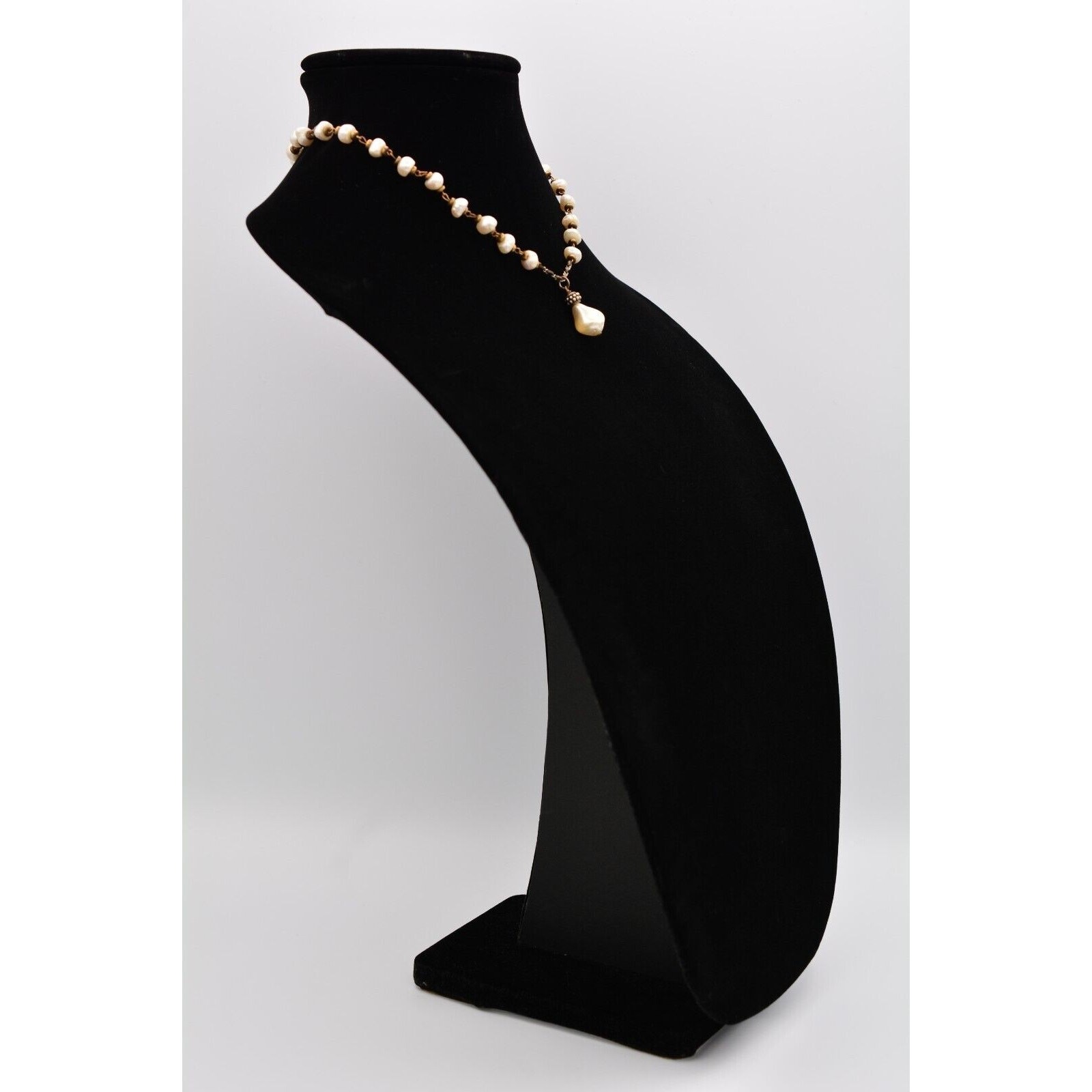 Vintage Pearl Necklace Y Drop Bronze Rustic Brass Tone AS IS Bin6A