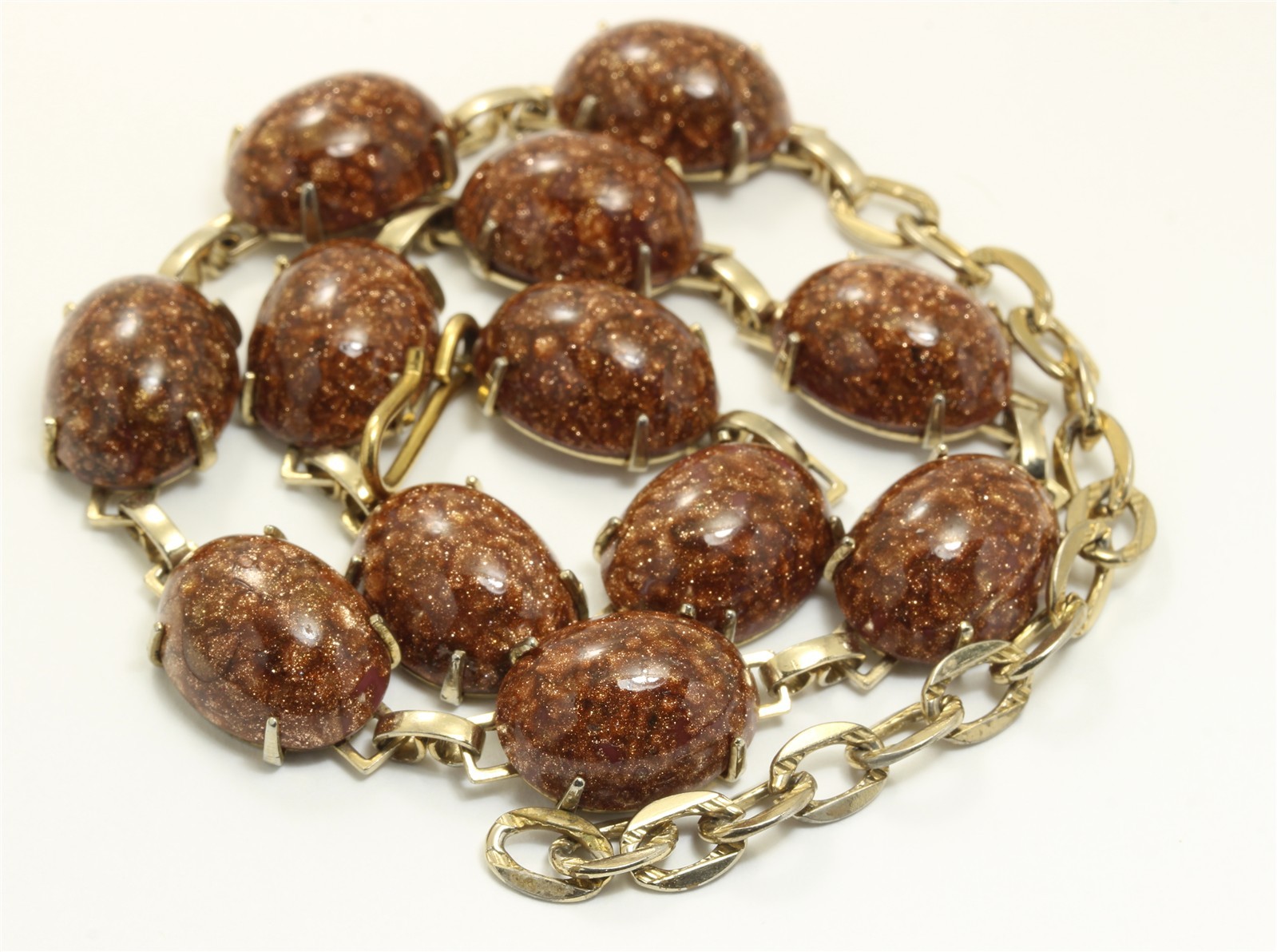Vintage Gold Tone Foil Glass Cabochon Link Chain Necklace