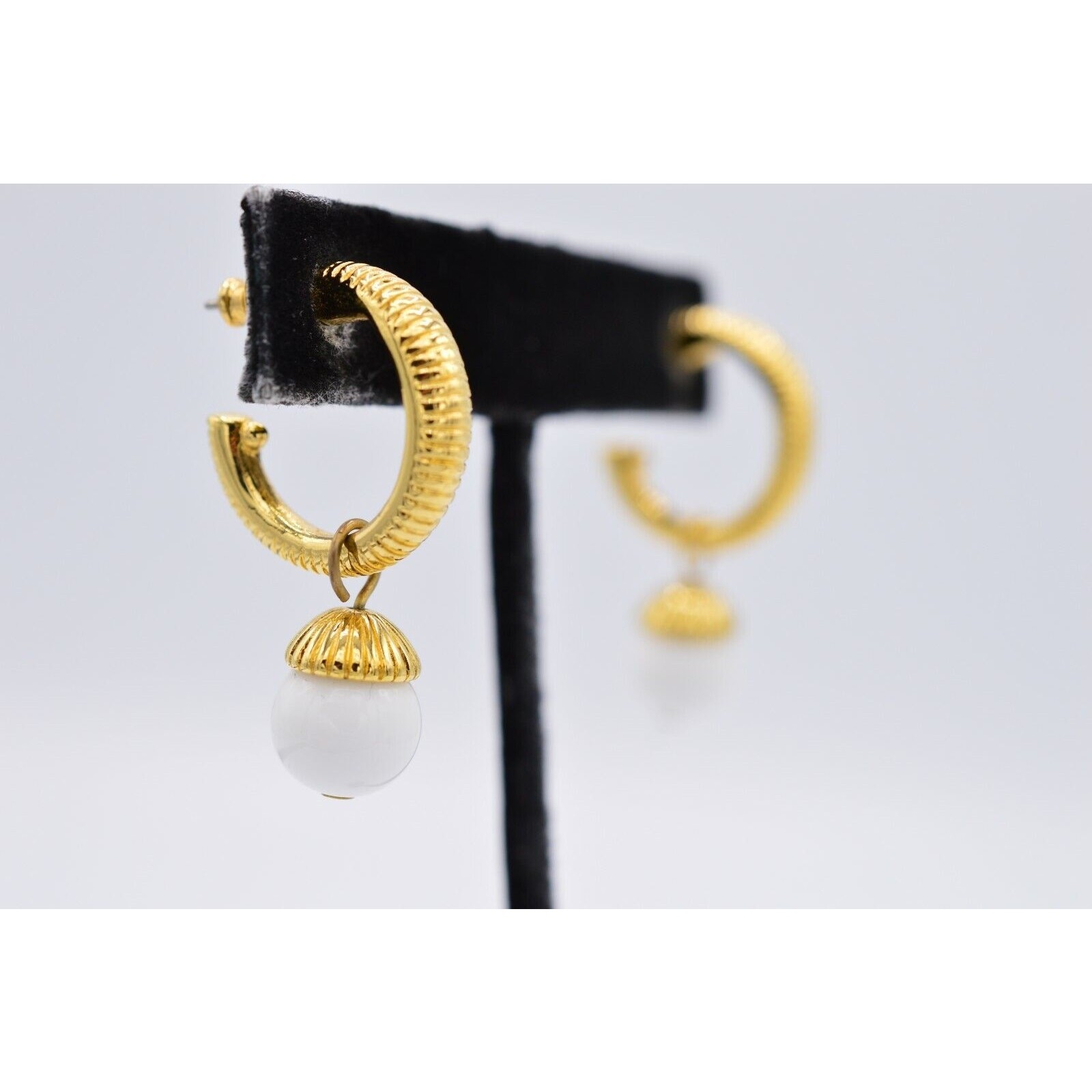 Vintage Hoop Drop Earrings Gold White Bead Pearl Dangle Pierced NOS 1980s BinX