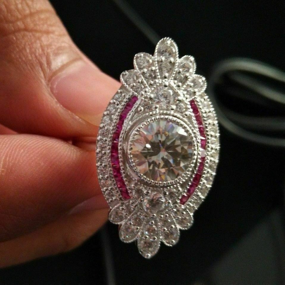 Round 3CT Lab Created Diamond Vintage Art Deco Red Ruby Accent Ring 14K Gold FN