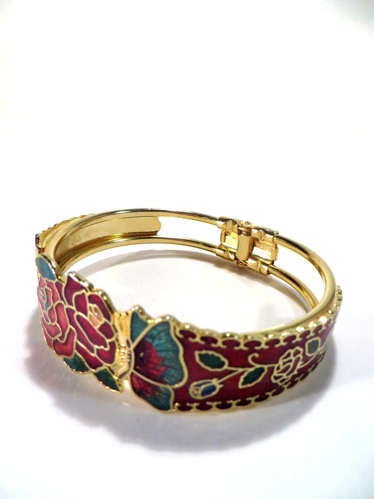 Vintage Gold Tone Bracelet Cloisonne Red & Pink Roses Hinge Opening