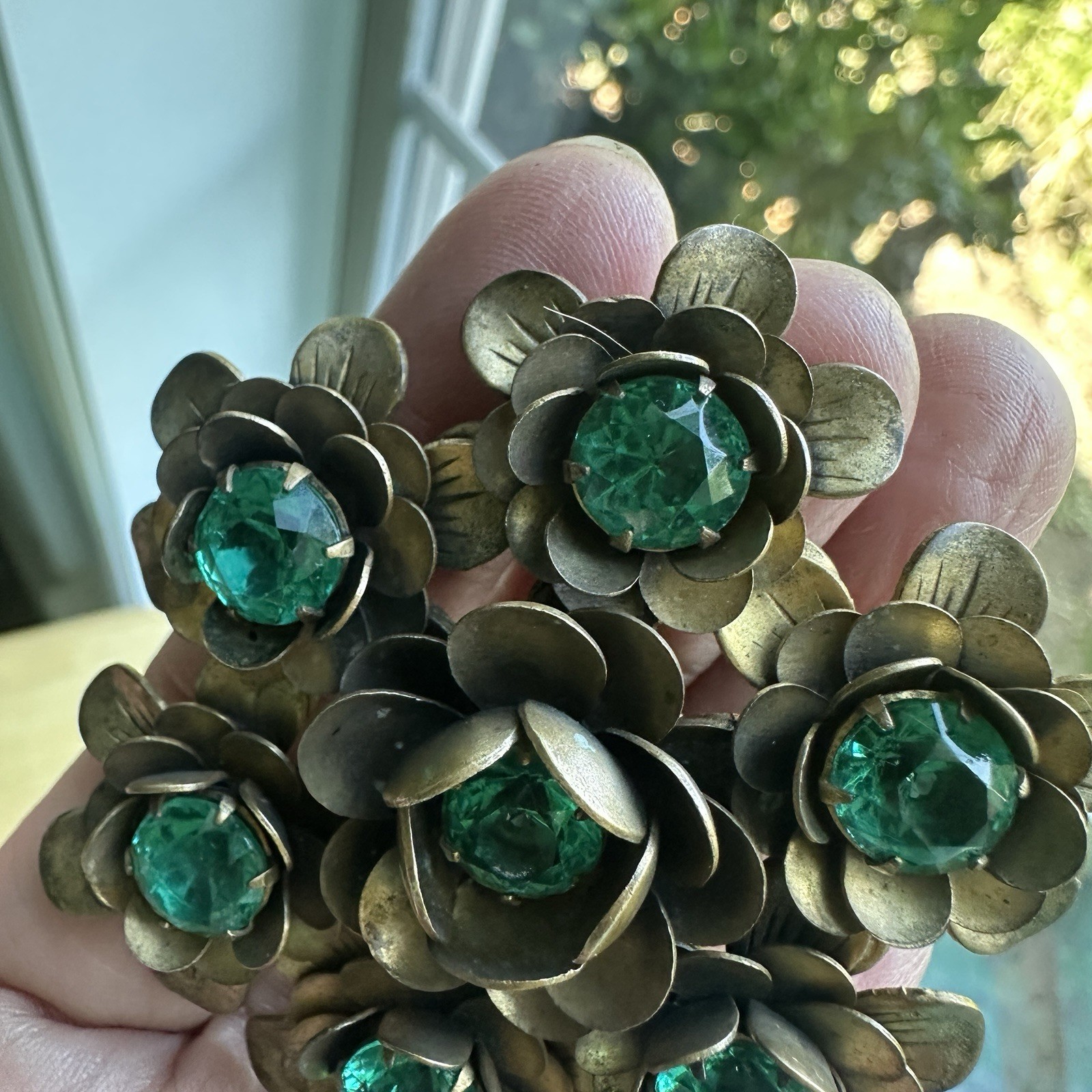 Vintage Flowers Brooch 2.4 Inch Green Crystal Multi Layered Antique Gold MCM