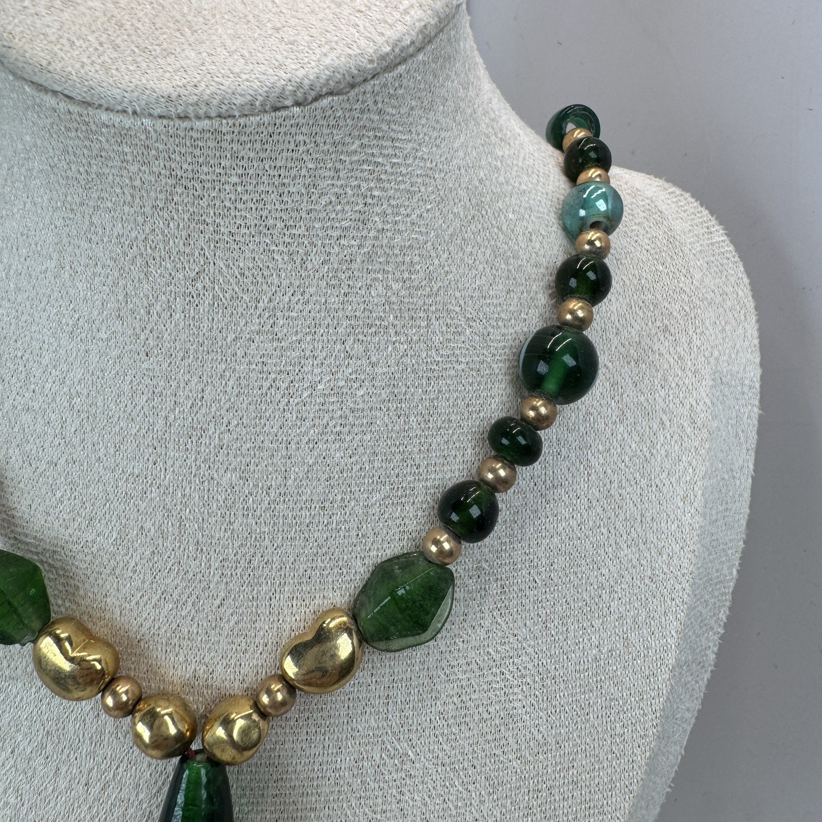 Lot Of 2 VTG Bead Necklaces – Purple Glass & Green Gold Tone Statement