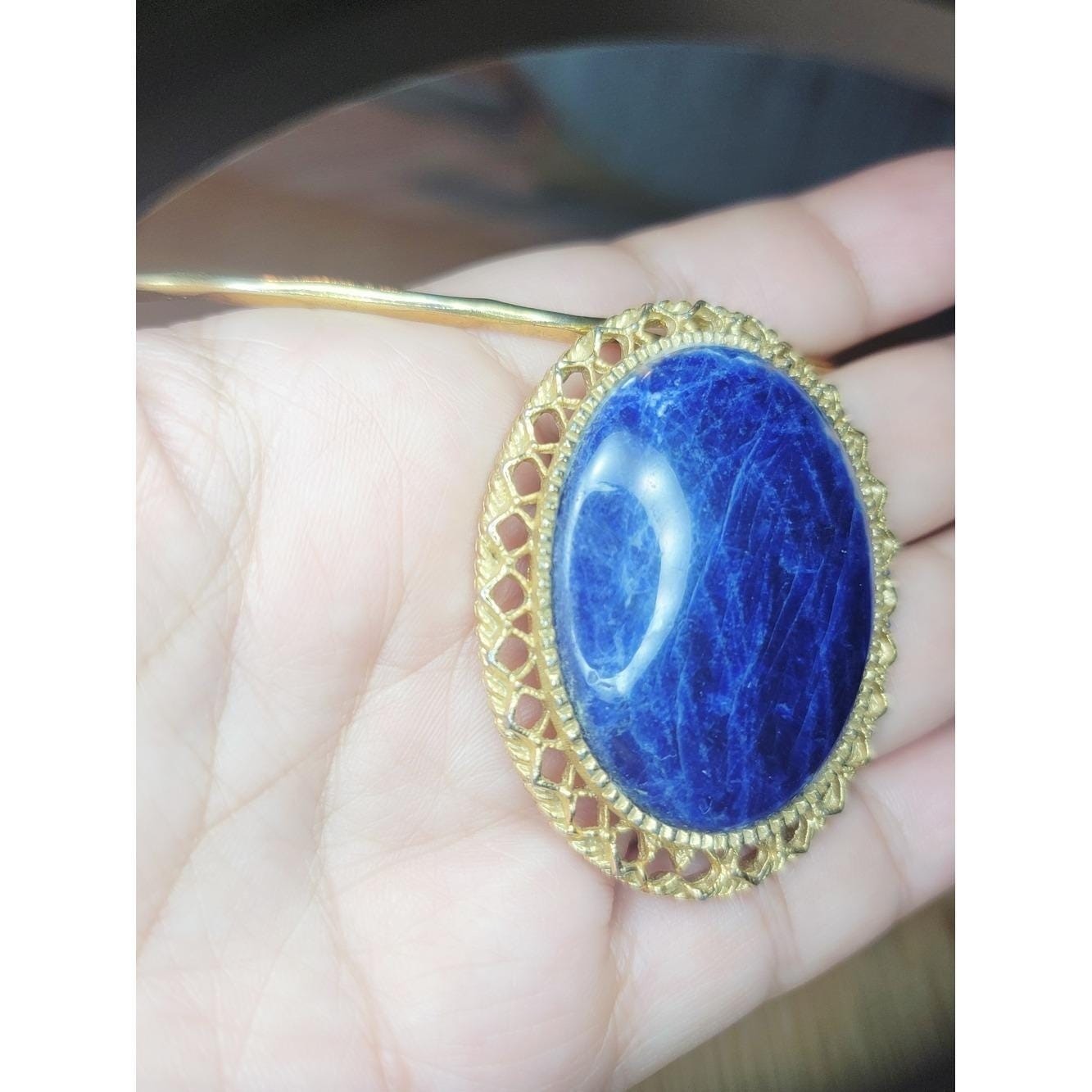 Vintage Sodalite Collar Necklace Gold Tone Statement Pendant Blue Stone Bib