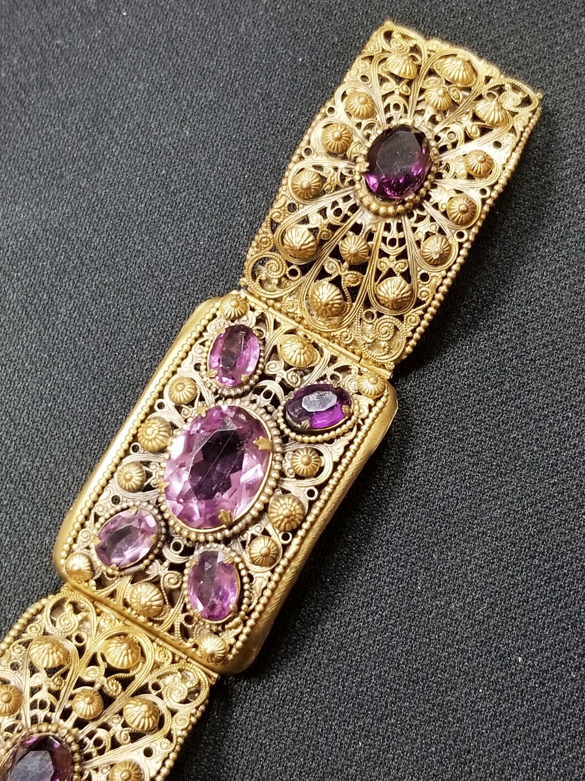 Georgian Style Czech Open Back Amethyst Cannetille Wire Work Panel Bracelet